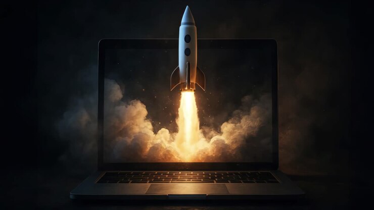 A dynamic video concept of a rocket launching from a laptop screen