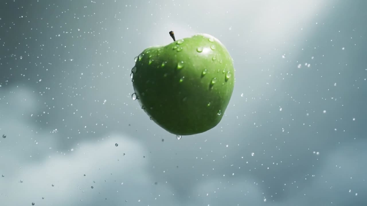 Grønt æble falder og roterer, lander i midten, afslører dråber på skallen mod skyerne.