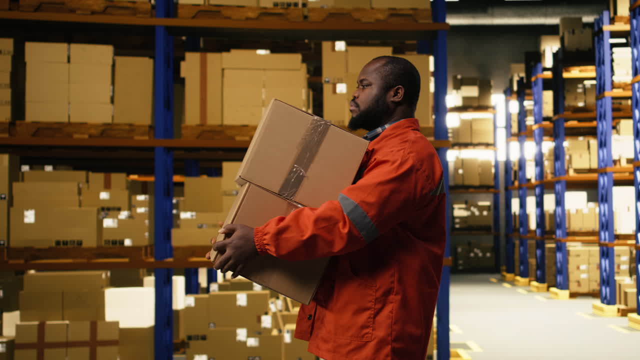 Dipendente industriale afroamericano che trasporta pacchi e gestisce ordini e-commerce