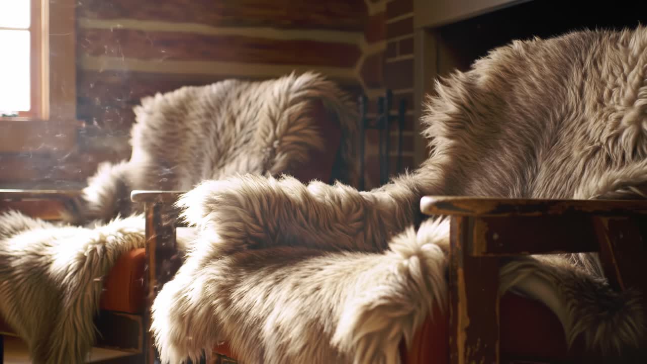 Cozy and Inviting: A Close-Up of Luxurious Fur-Covered Armchairs in a Warm, Rustic Living Room Setting with Soft Ambient Lighting