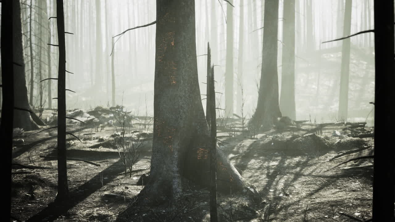 Forest landscape depicting aftermath of wildfire in foggy atmosphere