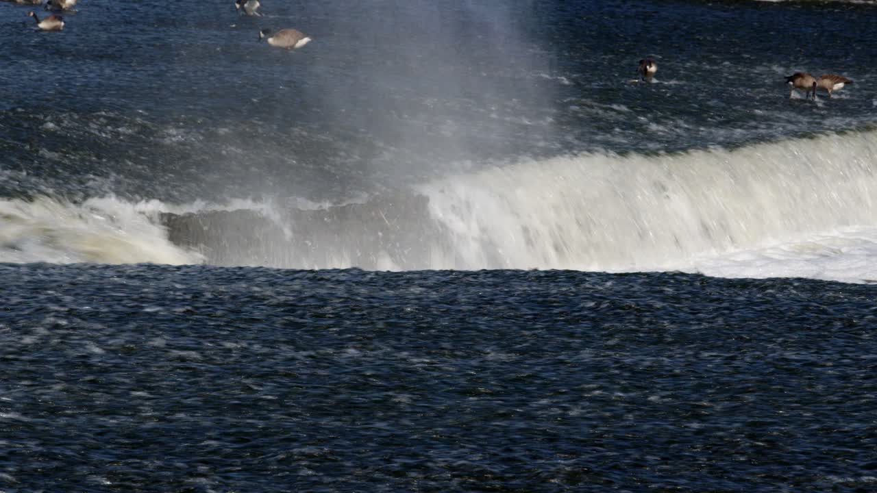 Showing a wide shot of the V-notch at the River Trent weir with Wildfowl in back ground by By Ratcliffe on Soar Power station