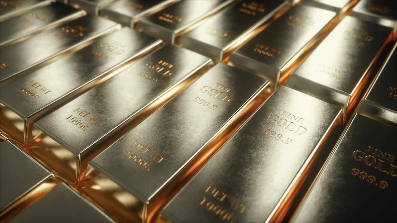 bucle sin costuras animación 4k de la vista de la cámara deslizante en barras de oro blanco