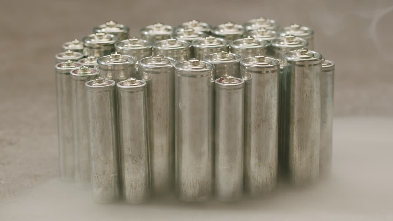 Silver batteries AA and AAA in hands on black background in smoking fog close-up. Double-A battery is a standard size single cell cylindrical dry battery. Batteries are common in portable electronic devices. An AA battery is composed of a single electrochemical cell that may be either a primary batt