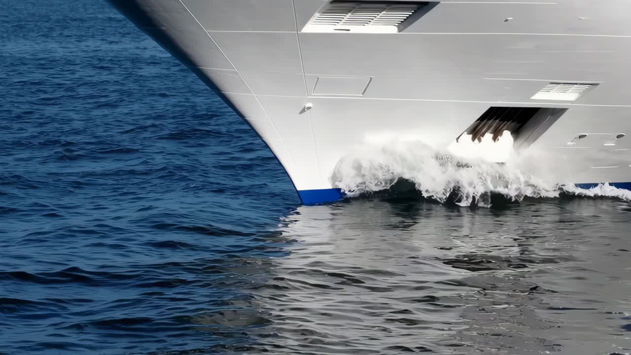 Bow of a ship cutting through blue water