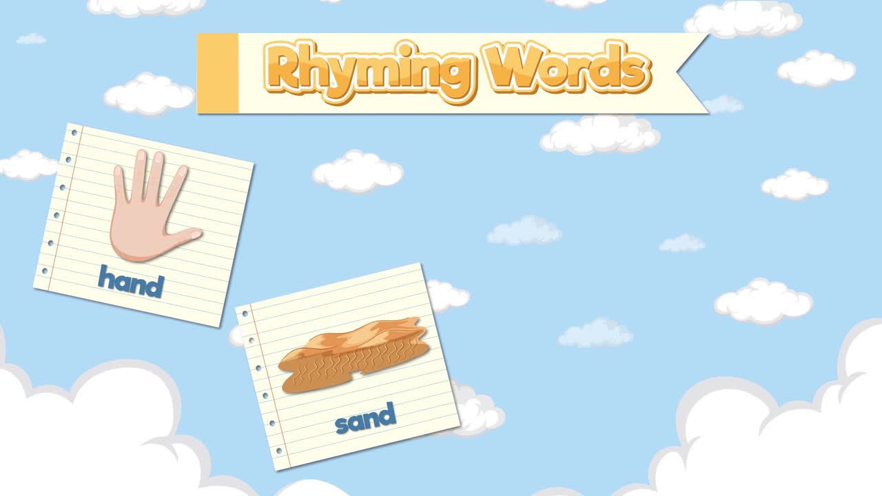Animated flashcards appear against a cloudy sky background teaching children rhyming words and phonics