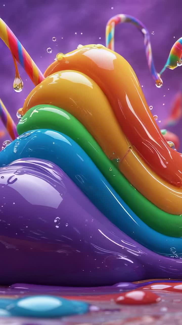 Vertical video: Pulsing rainbow liquid wave in studio with falling droplets and candy cane curves