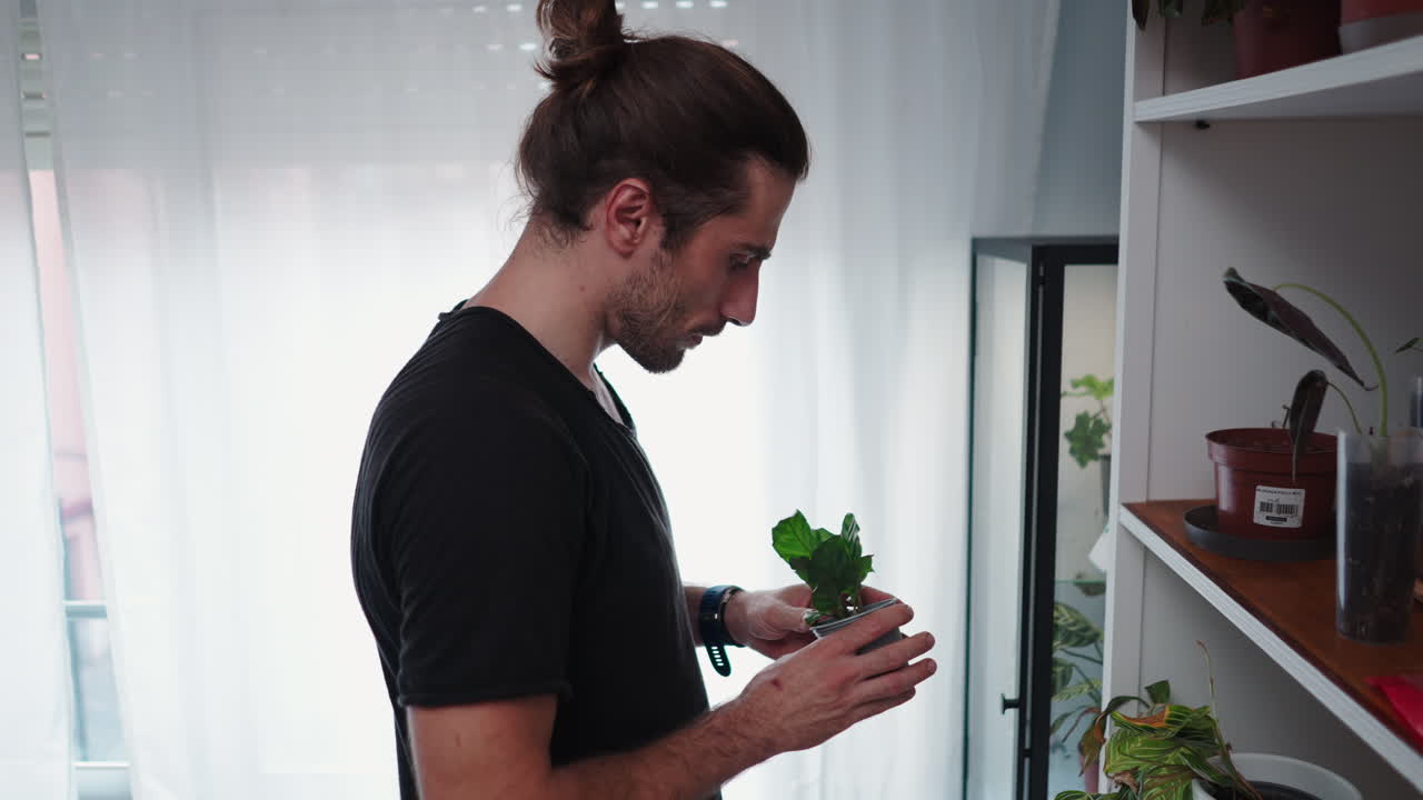 Man taking care of plants indoors