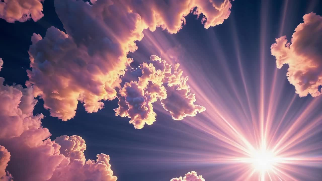 Dramatic low-angle video shot of sunbeams piercing through fluffy clouds, creating a serene