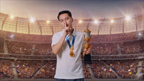 hombre asiático con una medalla de oro y un trofeo haciendo un gesto de silencio diciendo que es un secreto para ganar como el primer ganador en el estadio