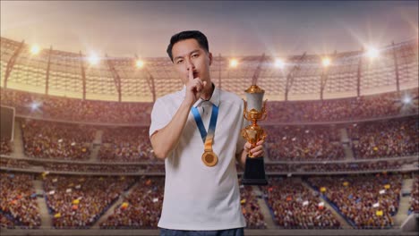 asian man with a gold medal and trophy making shh gesture telling it is a secret to win as the first winner at the stadium