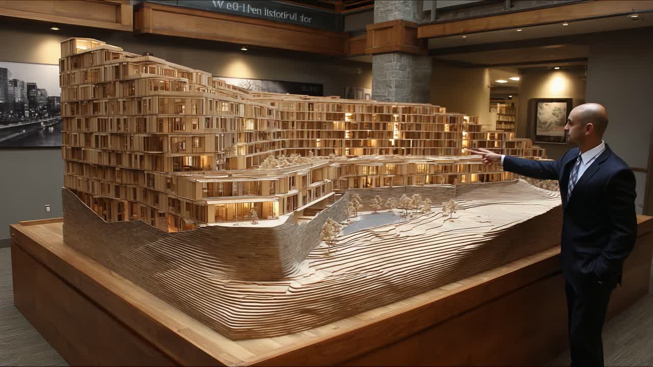 A Stunning Architectural Model: An Expert Displaying a Detailed Wooden Structure with Organic Landscape Elements in a Modern Design Environment
