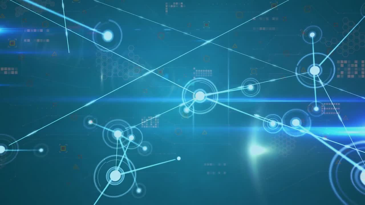 Animation of network of connections and light trails against blue background