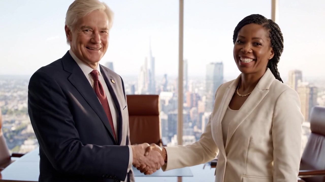 A Professional Meeting Between Two Colleagues in a High-Rise Office Overlooking a Bustling Cityscape, Signifying Corporate Collaboration and Team Dynamics