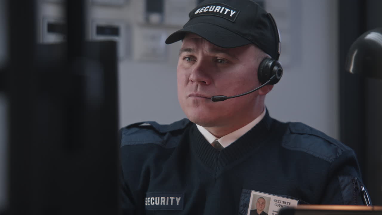 A security officer on duty, monitoring and communicating
