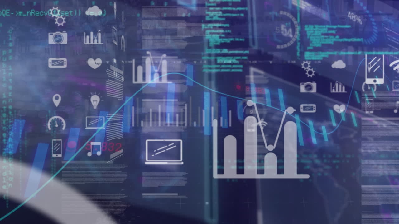 animación de gráficos sobre iconos de medios y procesamiento de datos en la interfaz con fondo azul