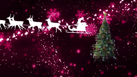 Animation-Von-Weihnachtsmannschlitten,-Roter-Sternschnuppe-Und-Weihnachtsbaum-Auf-Schwarzem-Hintergrund