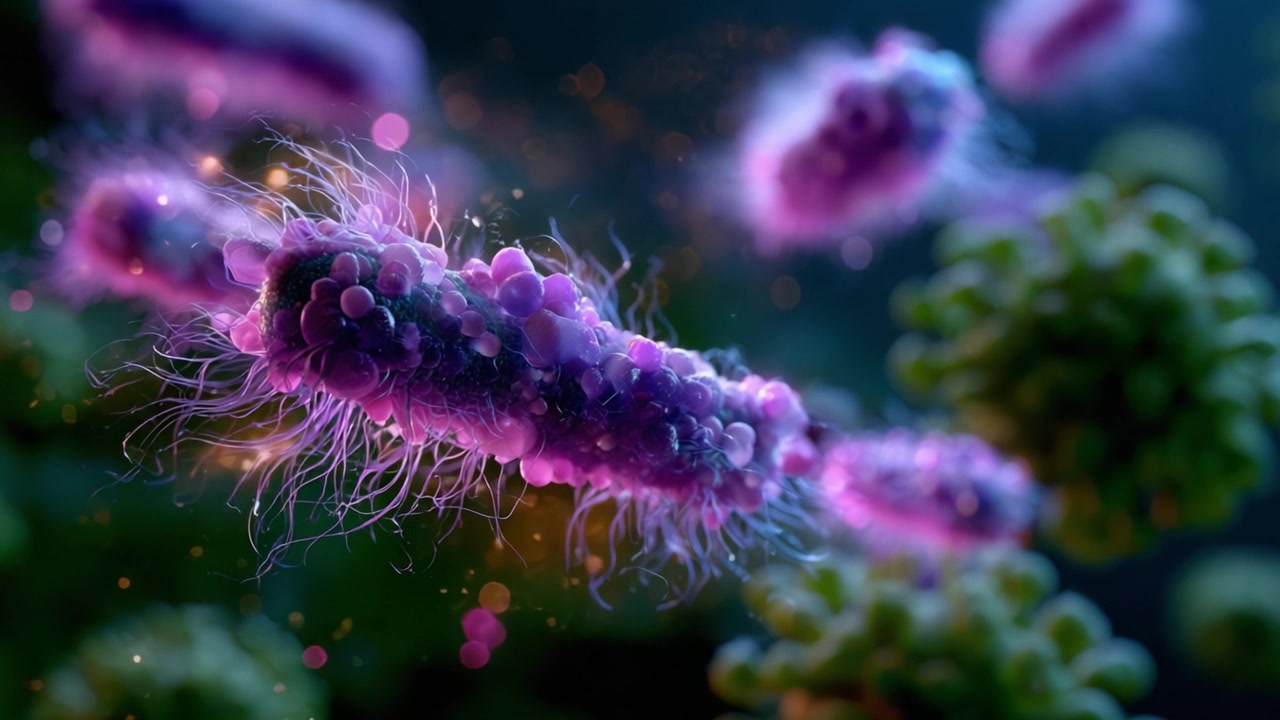 Primo Piano Mozzafiato della Vita Microbica: Un'Esplorazione Affascinante di Batteri Vivaci Sotto una Lente Microscopica che Mostra i Suoi Dettagli Intricati e l'Ambiente Circostante.