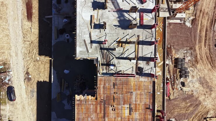 Construction site showing a large steel framework and parking area in a busy development project during the day