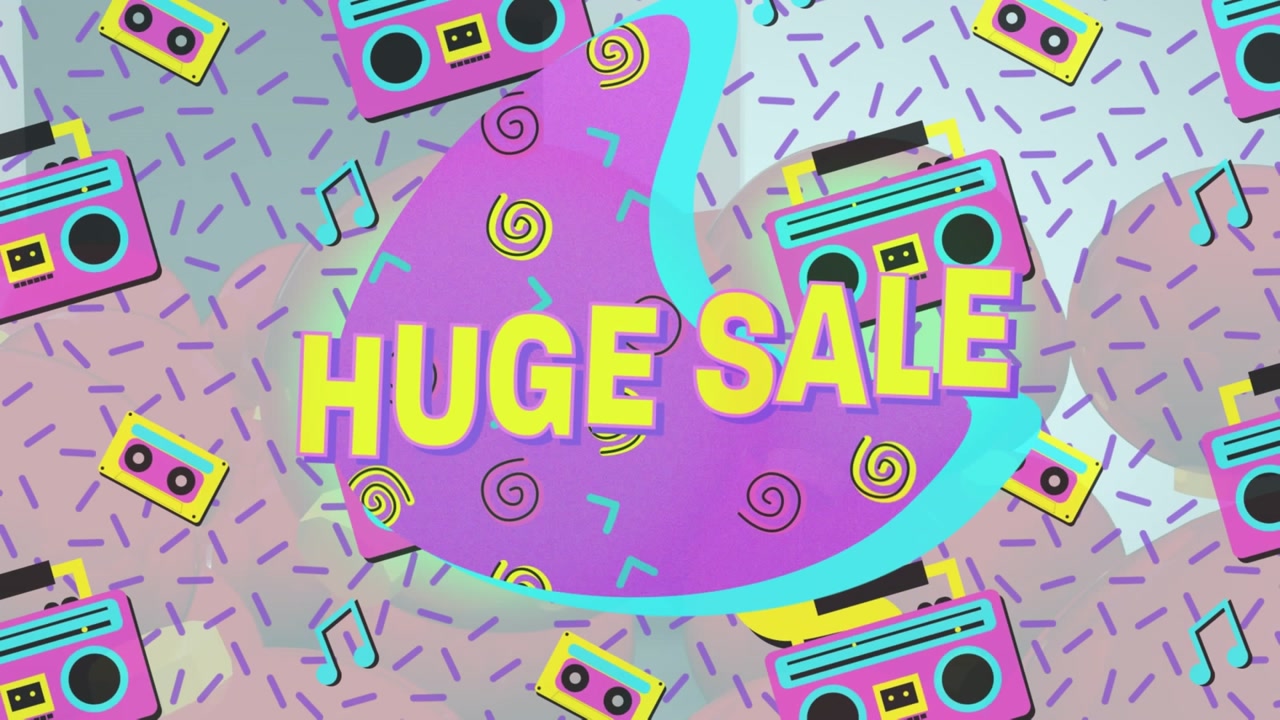 Pattern cue causing purple shape sliding, yellow HUGE SALE text growing retro parts promoting sale