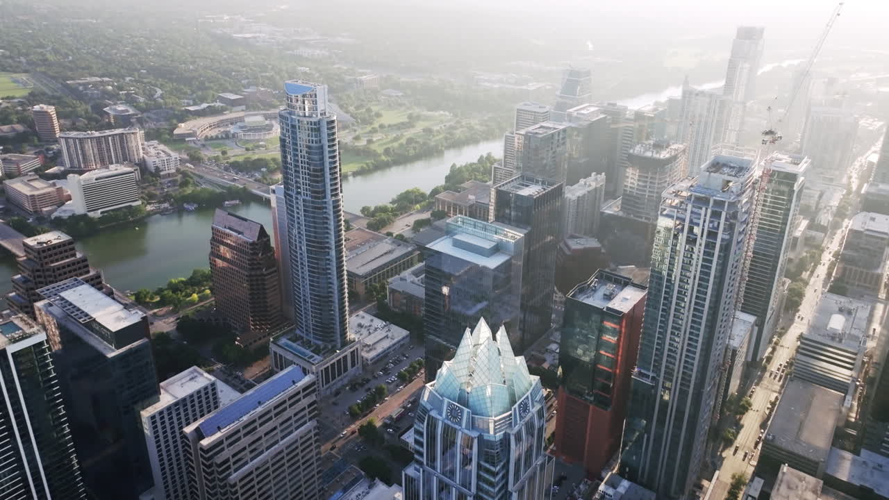 Aerial View of Downtown Austin, Texas Skyline with Skyscrapers and Colorado River