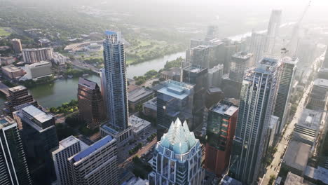 aerial view of downtown austin, texas skyline with skyscrapers and colorado river