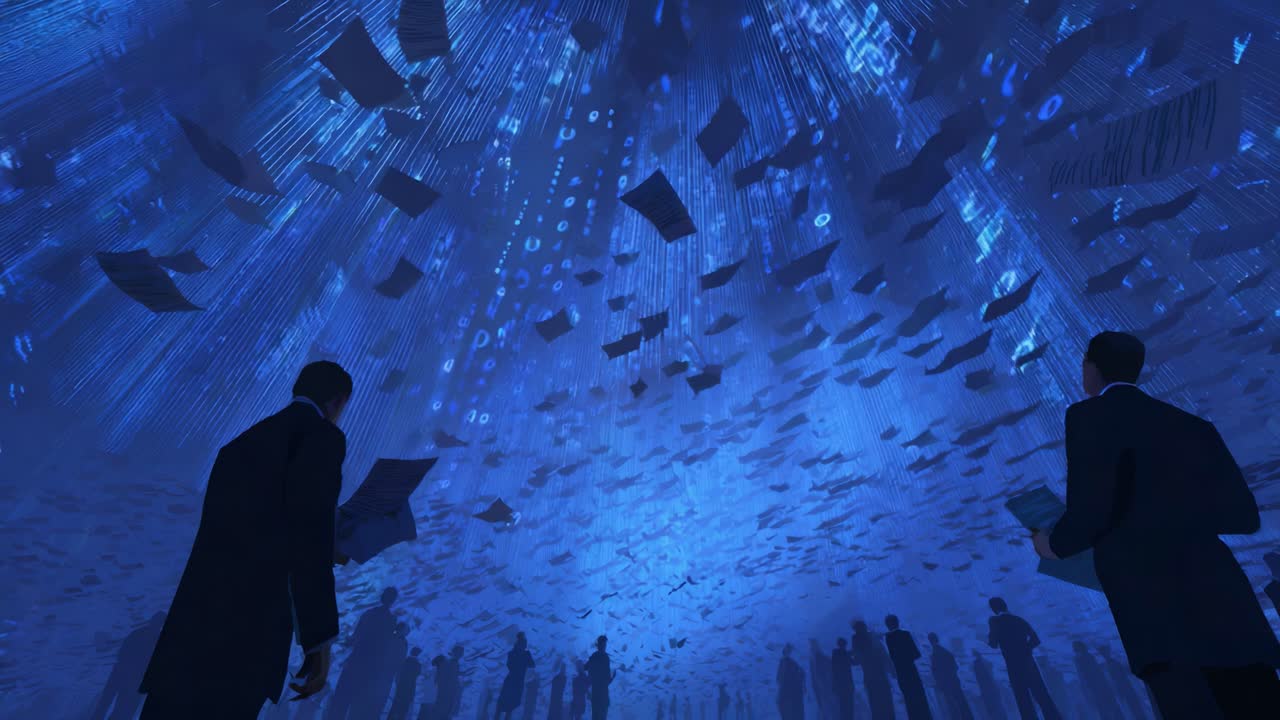 Two businessmen observing an abstract digital stream of data and documents flowing upwards in a surreal, dreamlike blue environment, surrounded by other silhouettes in a conceptual representation
