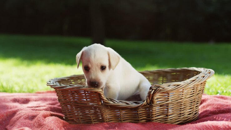 Cute labrador puppy biting a basket on green grass in the park