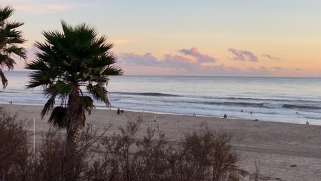 silhouette-of-man-riding-bicycle-on-pier-near-the-sea,-beach-and-palm-trees-at-sunset