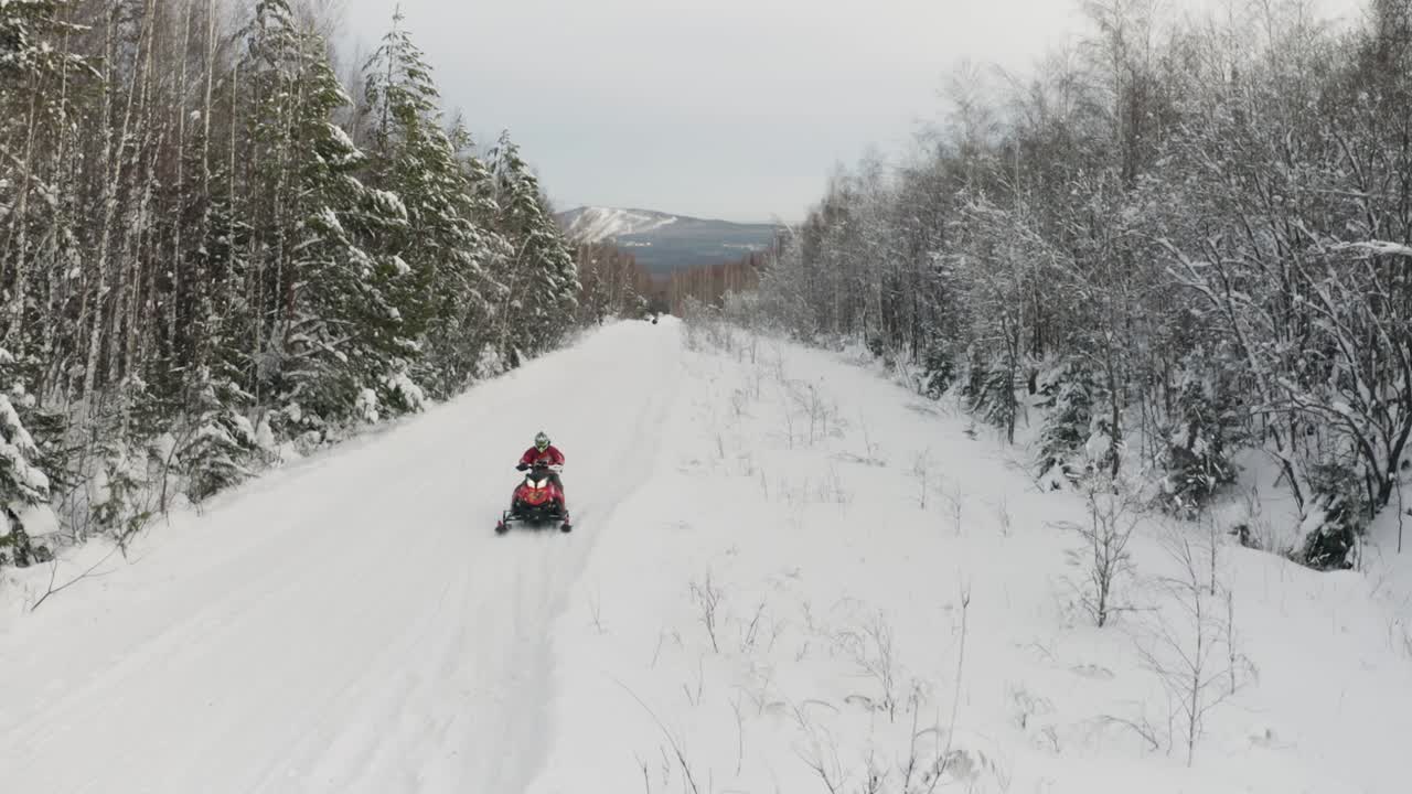 Snowmobiling through a snowy forest