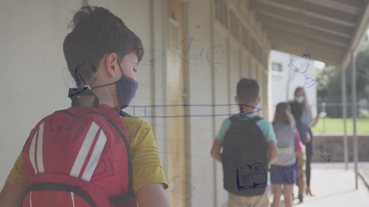 얼굴 마스크를 착용한 다양한 학교 학생과 교사의 학교 아이콘의 애니메이션