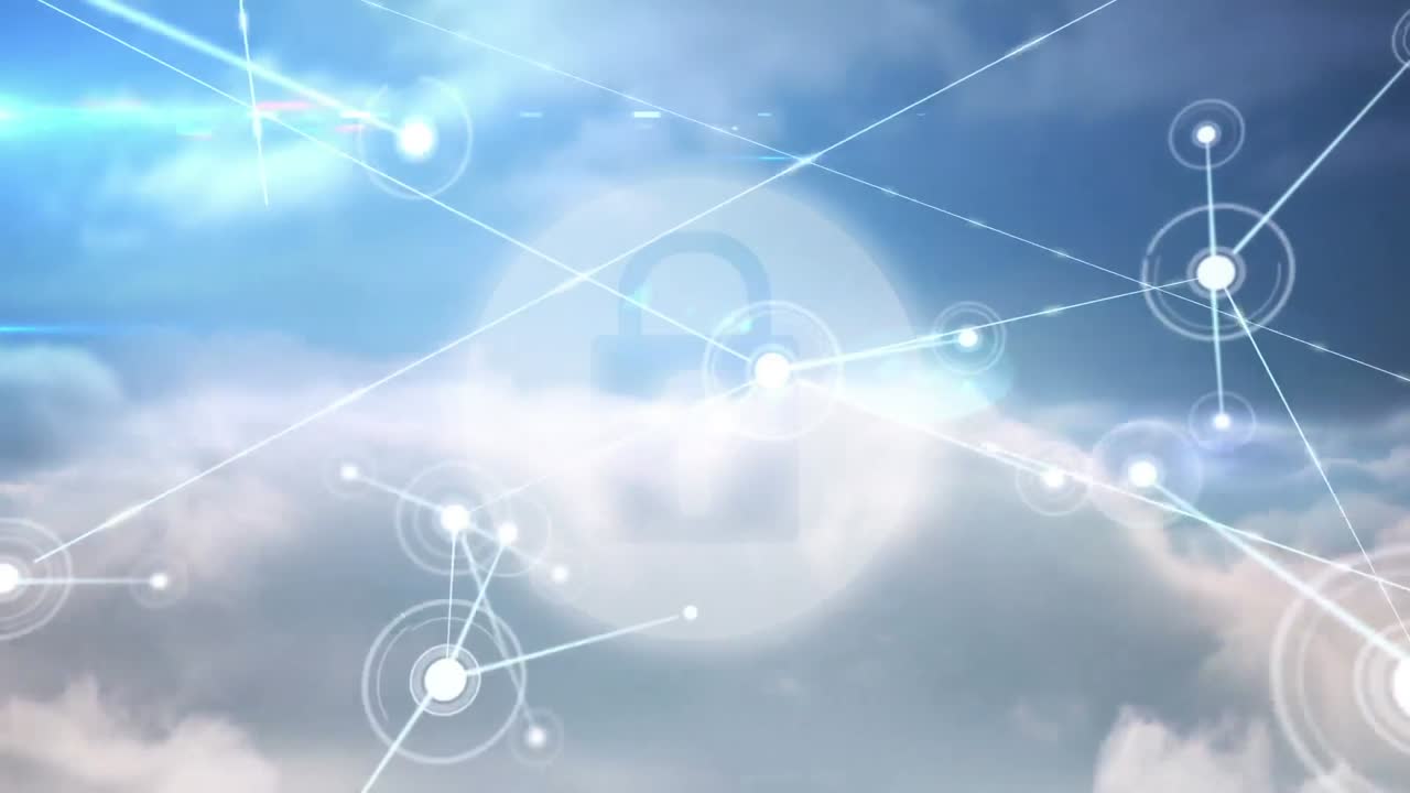 푸른 하늘의 구름에 대한 보안  ⁇ 락 아이콘을 통해 연결 네트워크의 디지털 애니메이션