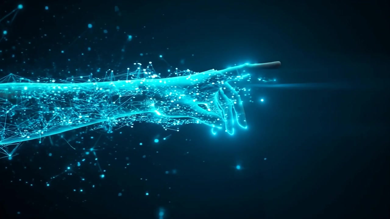 Von links erscheint ein CGI-Unterarm und eine Hand, die nach rechts ins Leere zeigt, wobei Partikel von der Spitze strömen.