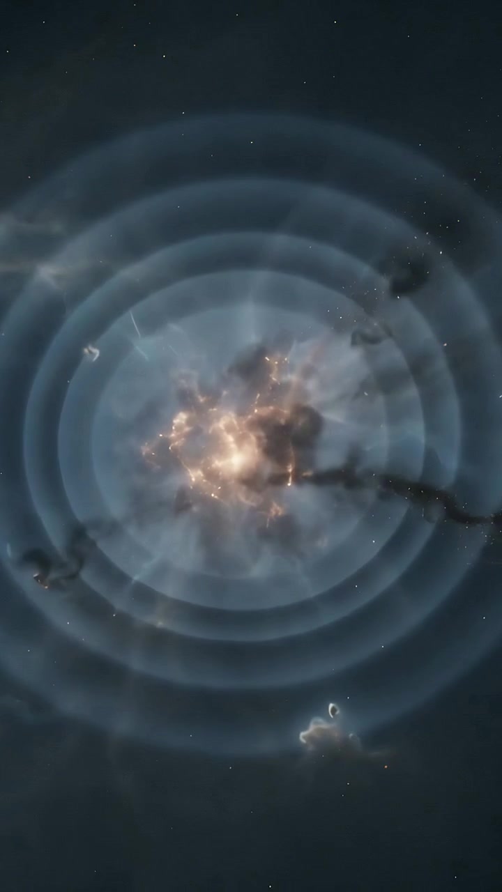 Vertical video: Compact luminous core erupting in nebula as small streak approaching, forming rings