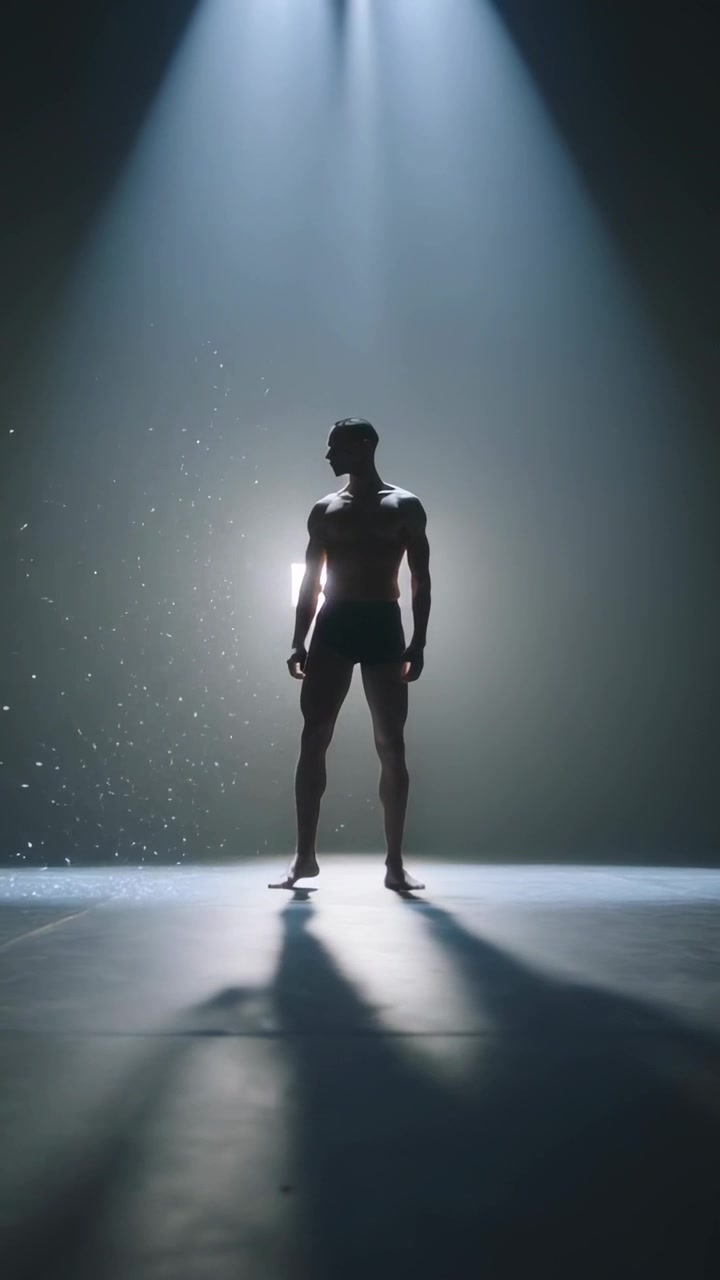Vídeo vertical: Luz destacando homem sem camisa de shorts se movendo, virando a cabeça, posando no palco com luz de contorno.