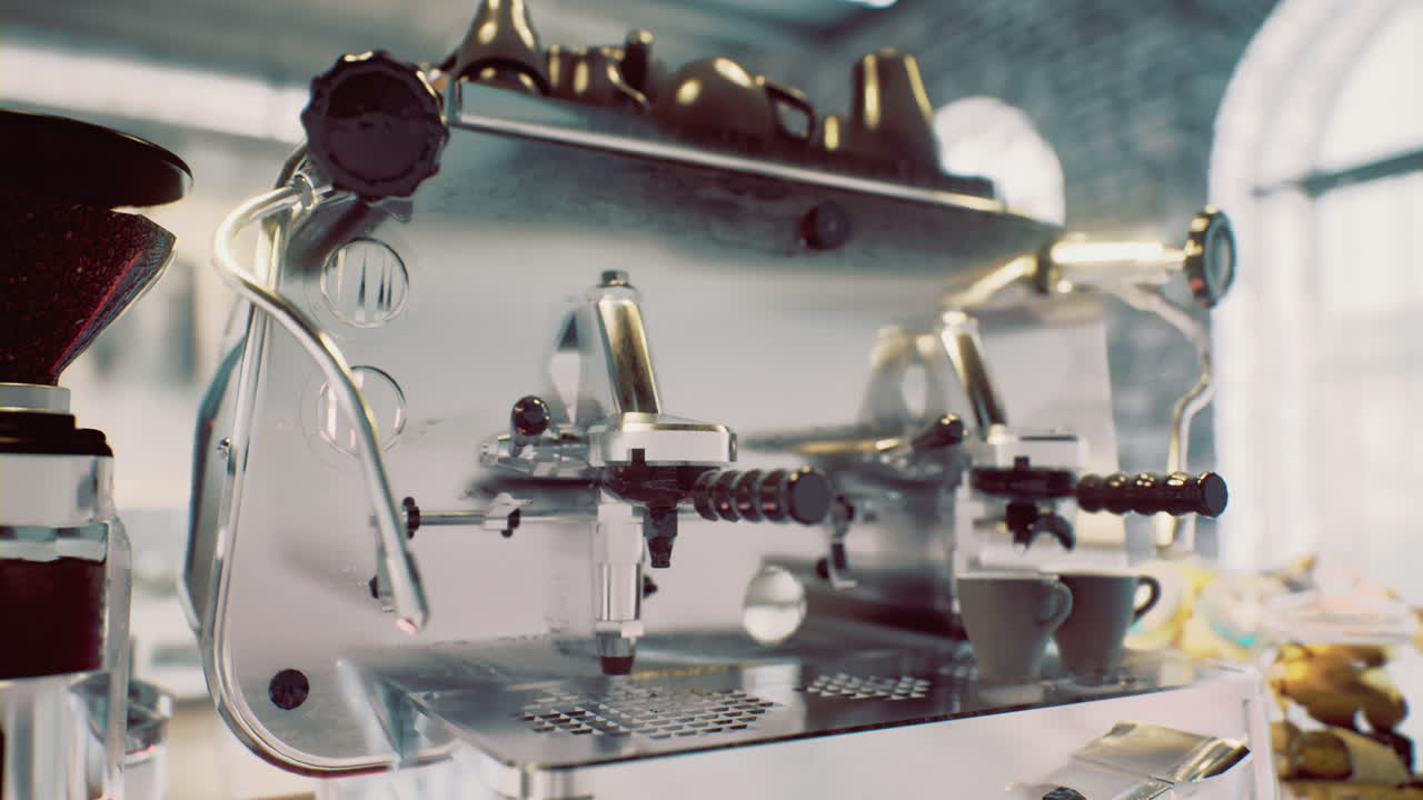 Barista prepares coffee using an espresso machine in a cozy cafe environment