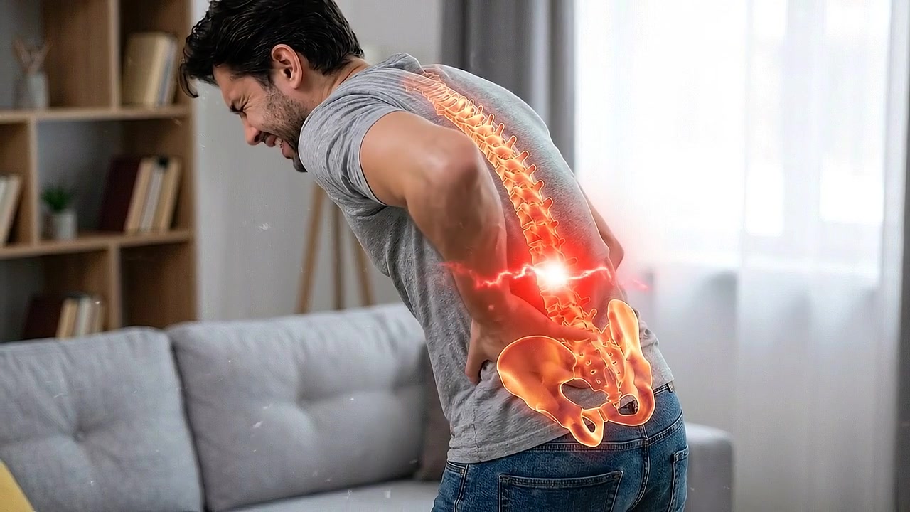 Man Suffering From Severe Lower Back Pain With Anatomical Overlay