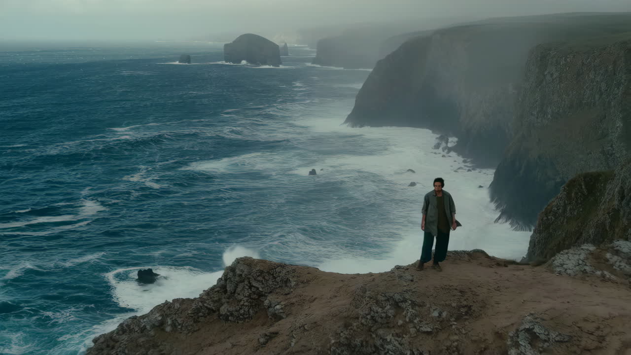 hombre de pie en un acantilado con vistas al océano