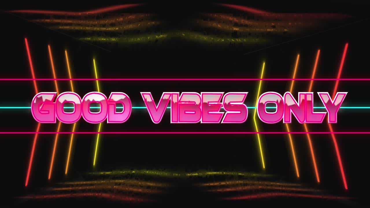 animación de buenas vibraciones sólo texto entre líneas sobre flechas y patrón abstracto en el fondo