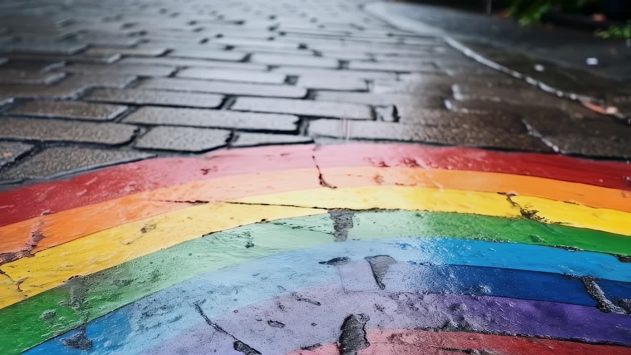Wet cobblestone street featuring a vibrant rainbow painted on its surface, symbolizing diversity, inclusion, and LGBTQ plus pride in an urban environment