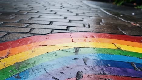 wet cobblestone street featuring a vibrant rainbow painted on its surface, symbolizing diversity, inclusion, and lgbtq plus pride in an urban environment