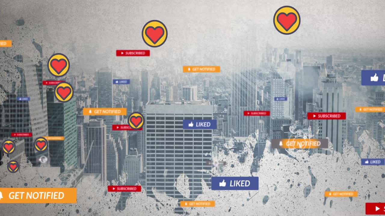 도시 풍경 위에 떨어지는 소셜 미디어 아이콘과 이모티콘의 애니메이션