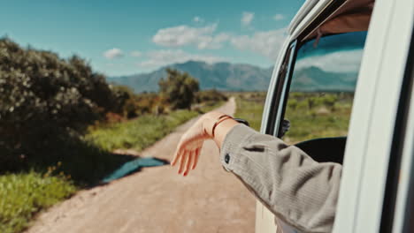 road trip, window and hand of person in car