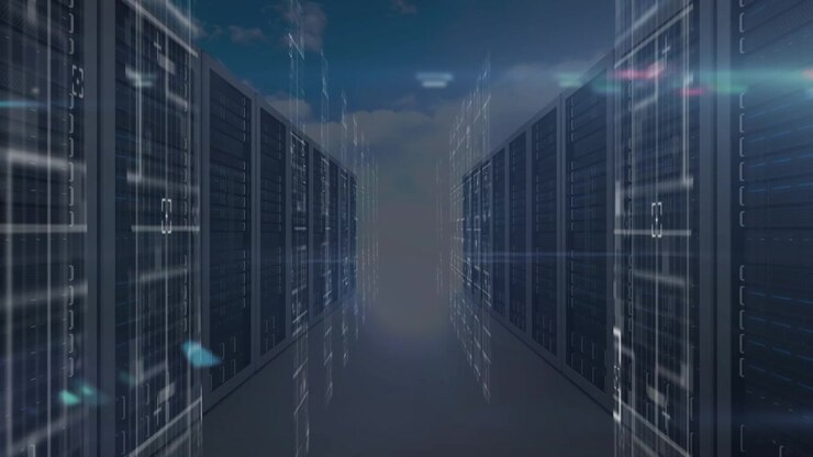 Animation of spot of light over computer server room against clouds in the blue sky