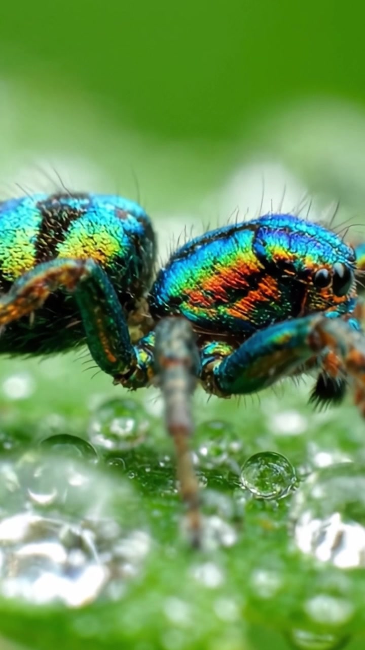Un Primo Piano Accattivante di un Ragno dai Colori Vivaci con Caratteristiche Iridescenti su una Foglia Ricoperta di Rugiada, Mostrando le Complessità del Design della Natura.