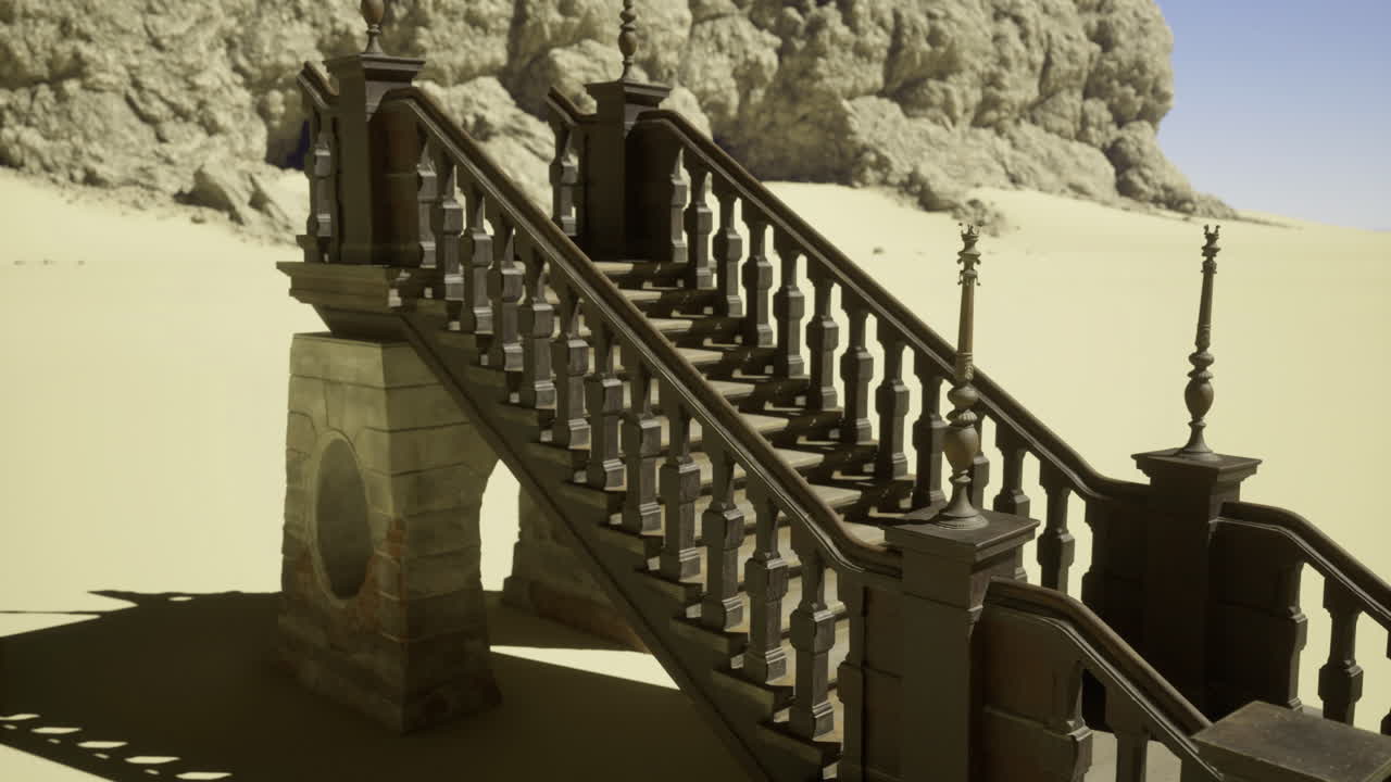 Unique wooden staircase leading to a rocky landscape in a barren environment