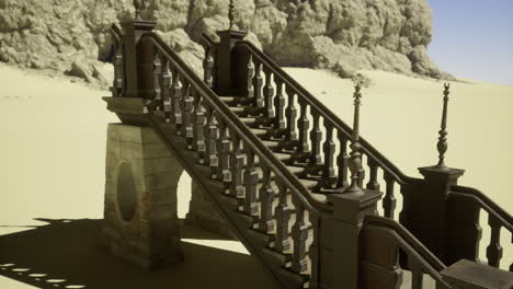 unique wooden staircase leading to a rocky landscape in a barren environment