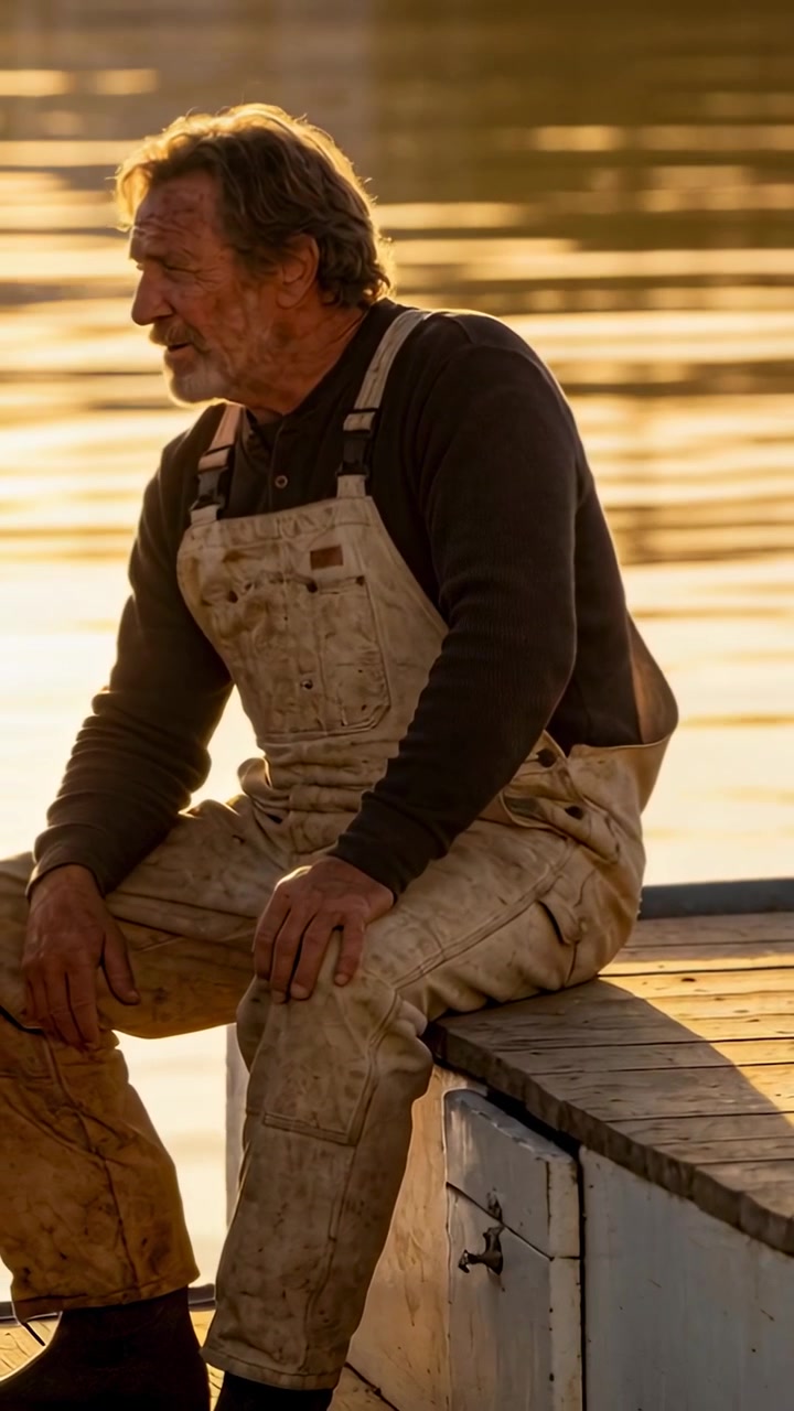Vertical video: Leaning senior man in bib overalls shifting forward on dock, hearing companion