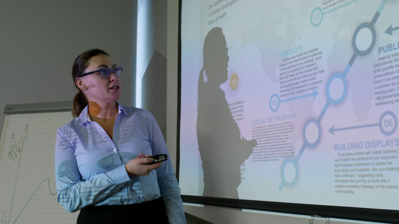 una mujer de negocios inteligente explicando la presentación en la pizarra.