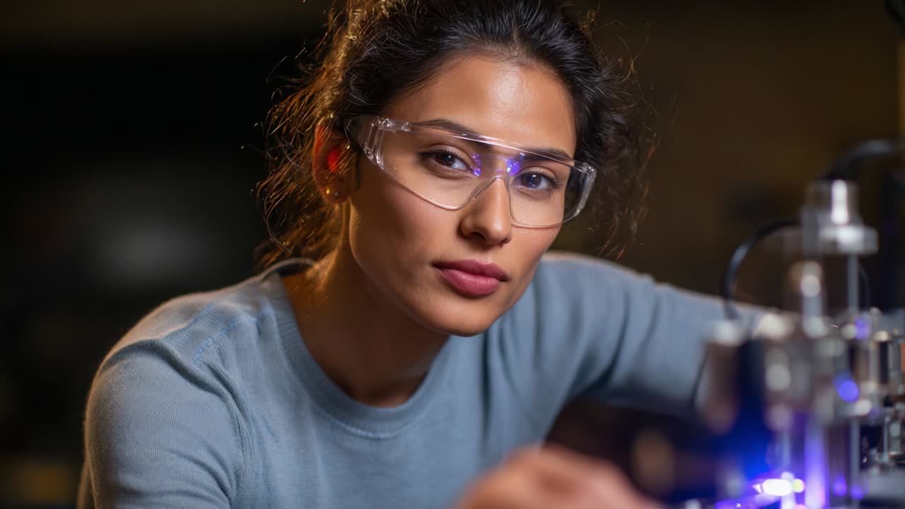 Focused Scientist in Protective Eyewear Working on Advanced Technology, Concentrating Intently on Experiment while Applying Skills in Innovative Research and Development Environments with High-Tech Equipment